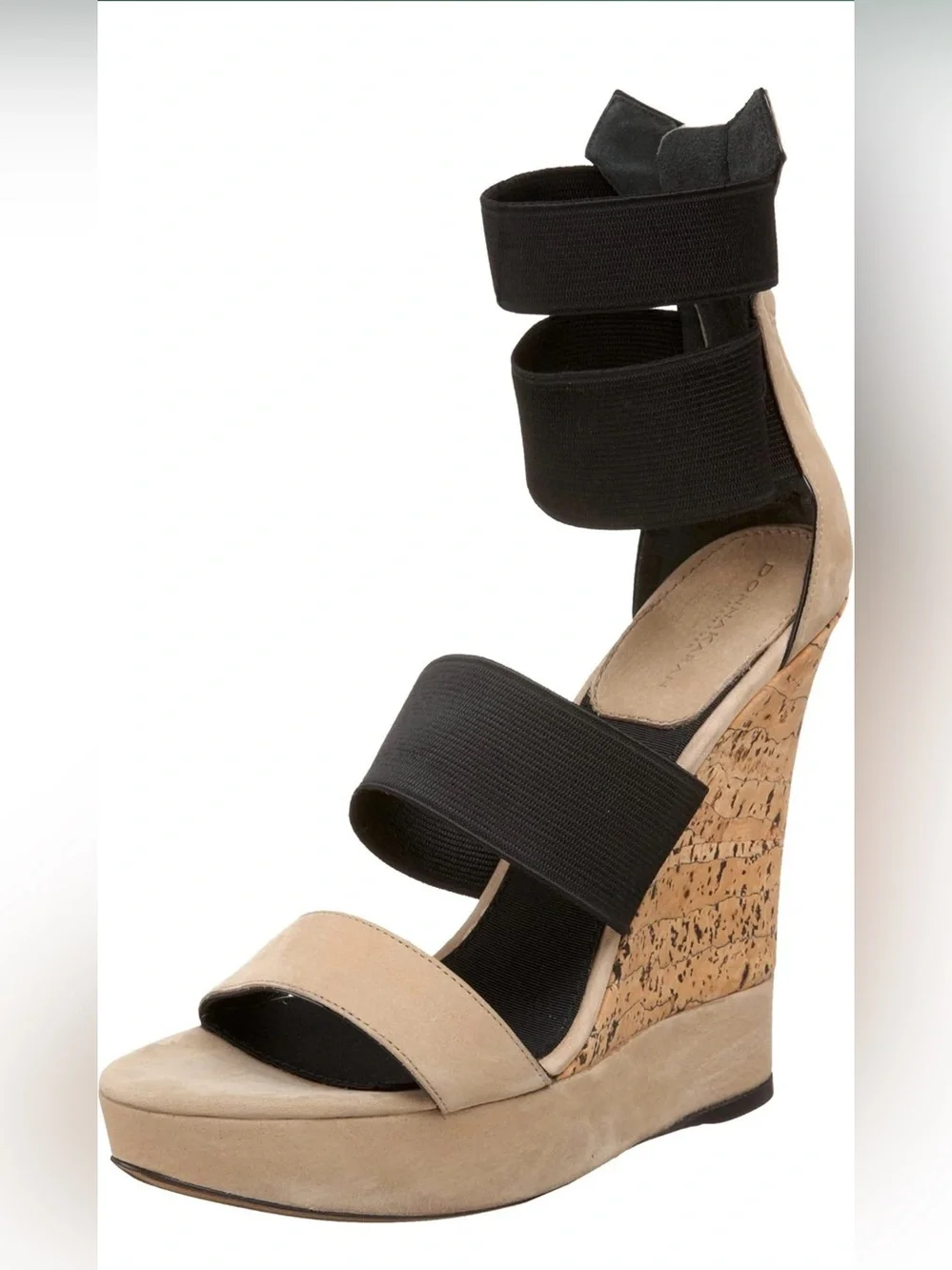 Donna Karan Beige and Black Cork Wedge Sandal